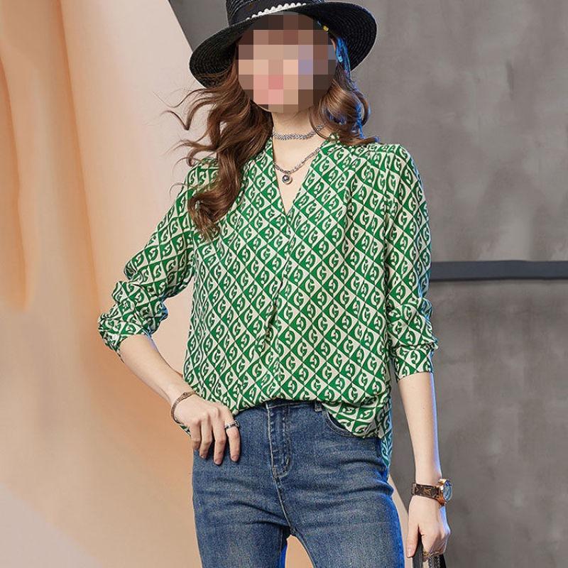 Damen T-Shirt Frühling Sommer Langarm V-Ausschnitt Chiffon Locker Kariert Druckweibliche Kleidung Mode Elegant Lässig Tops