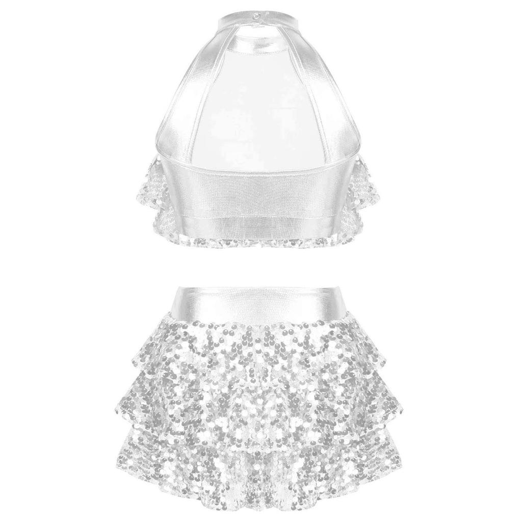 Girls Shiny Dance Set Sleeveless Round Collar Backless Shiny Sequins Tiered Crop Top Elastic Waistband Skirt