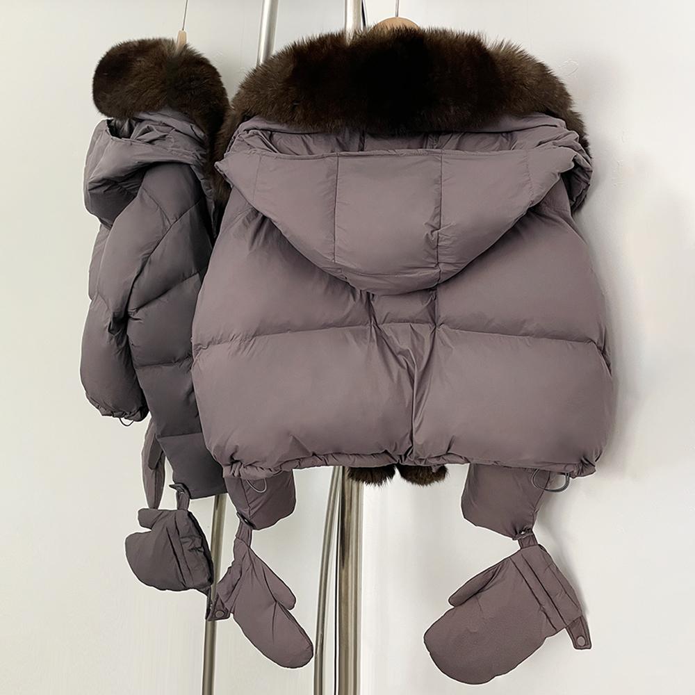 OFTBUY New Winter Top Clothes Women Short Hooded Big Real Fox Fur Down Coat Female Natural Fur Fluffy Puffer Jacket with Gloves