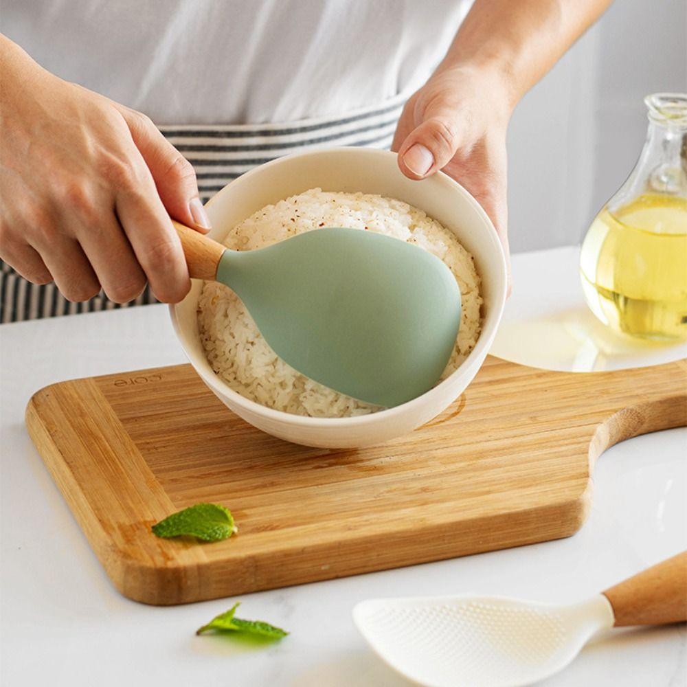 Silicone Rice Paddle Non-Stick Wooden Handle Spatula Multifunction Rice Spoon  Kitchen Cooking Tool