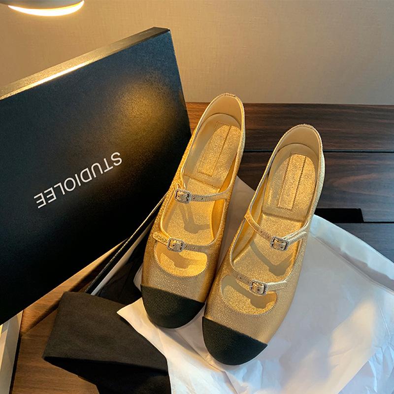 

2025 spring new light mouth flat-soled single shoes French retro flat-soled round head color matching Mary Jane women s single shoes 40 золотой
