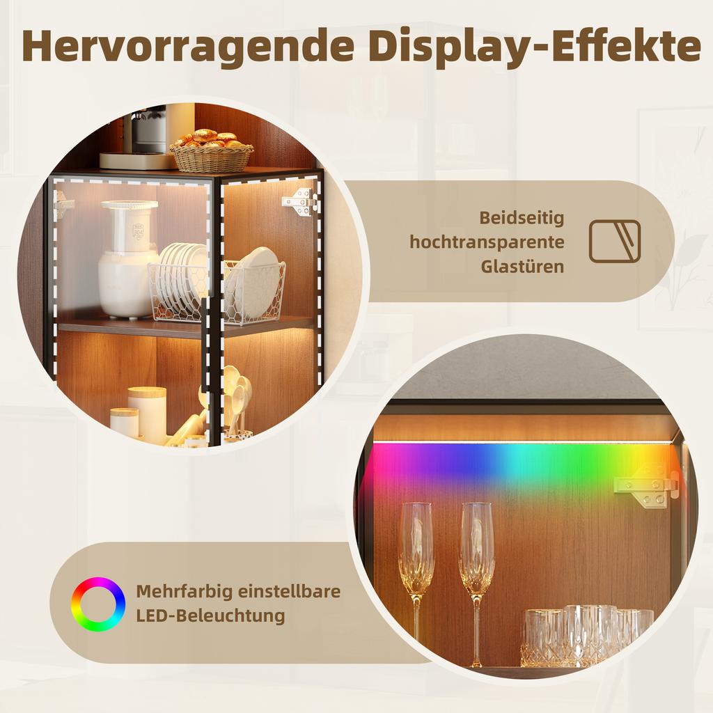 Display Cabinet 70×38×160 Cm with Pull-out Shelf – Double-glass Floor Display Case LED, MDF Cabinet Walnut, for Living Room, Dining Room, Kitchen