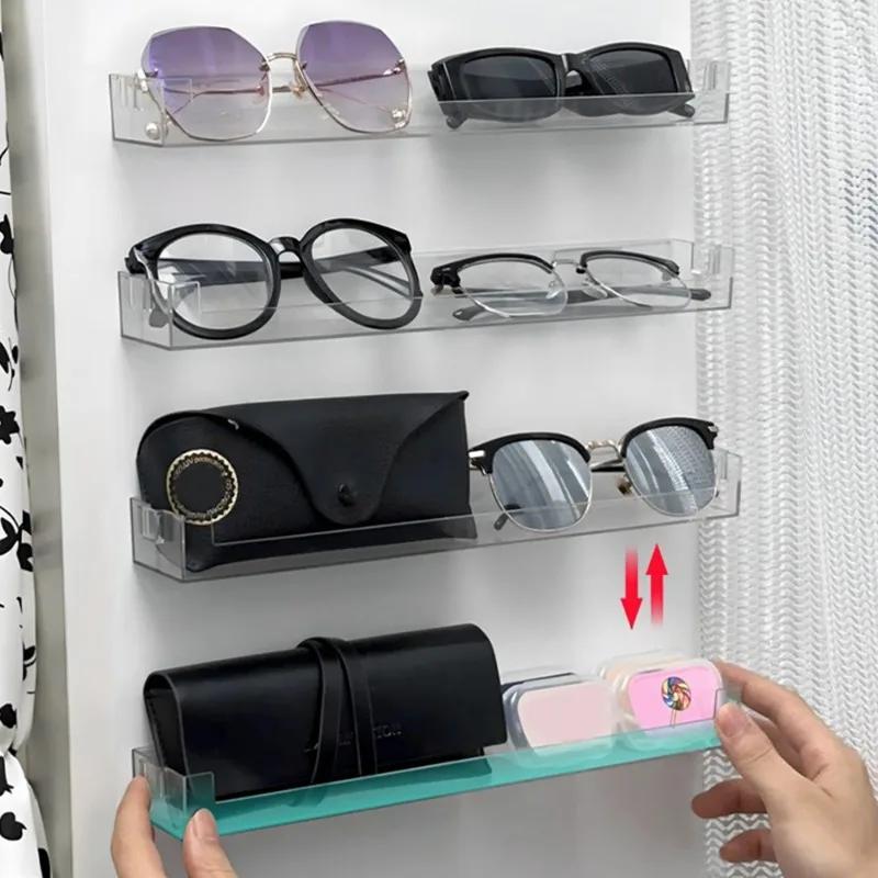 5 Set Punch-Free Wall-Mounted Clear Eyewear Case - Multi-Shelf Sunglasses Organizer Hanging Storage & Display Rack for Home
