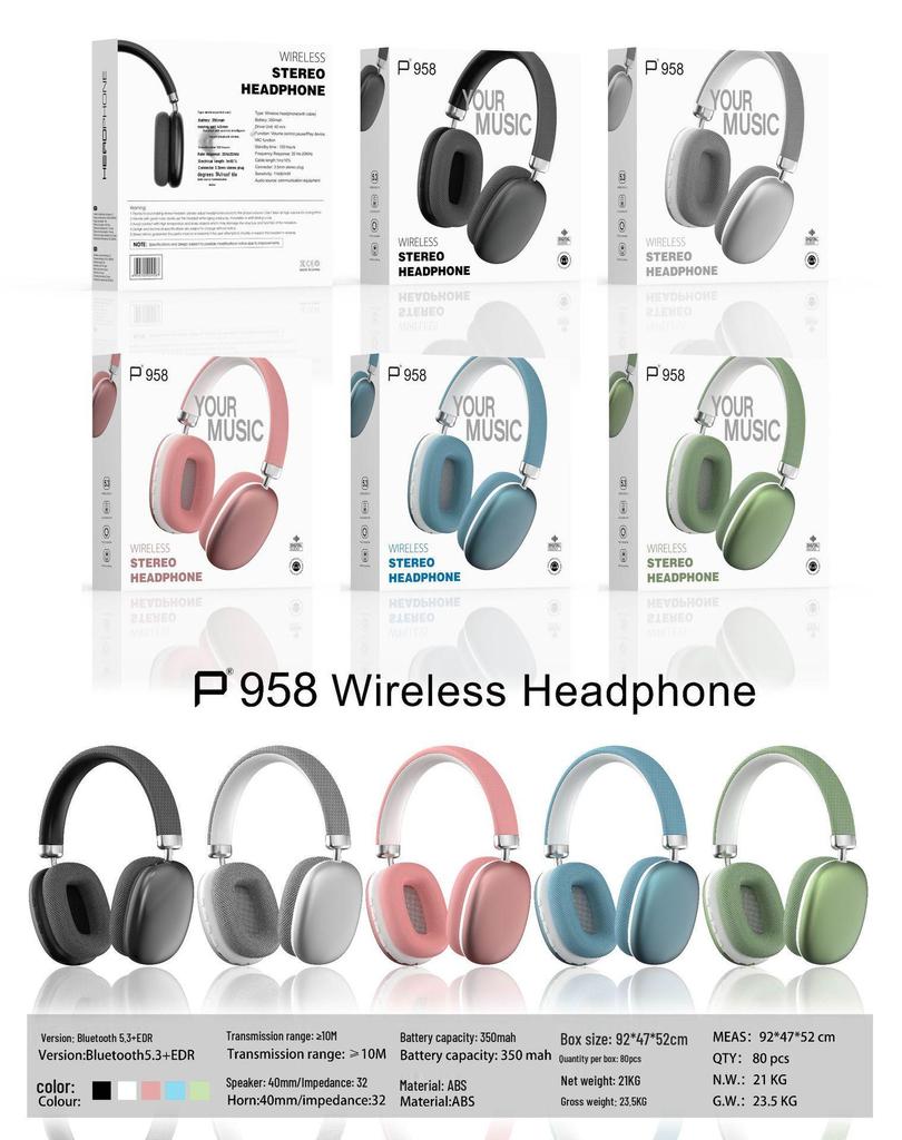 P958 Bluetooth Earphones: HIFI Stereo Sound, 3D Comfort, Long Wear, Type-C Compatible.