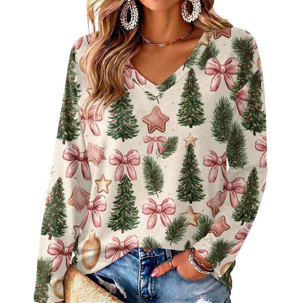 Women's V-Neck Long Sleeve Christmas Printed Lightweight Top for Spring and Summer