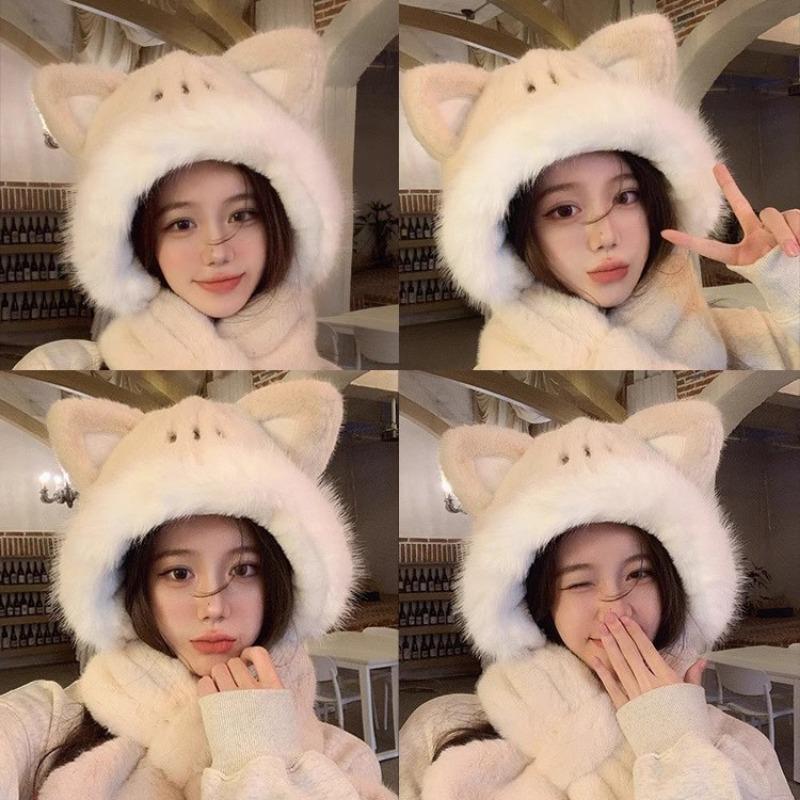 Cute fox ears plush hat women's winter scarf integrated hat thickened thermal bald hat