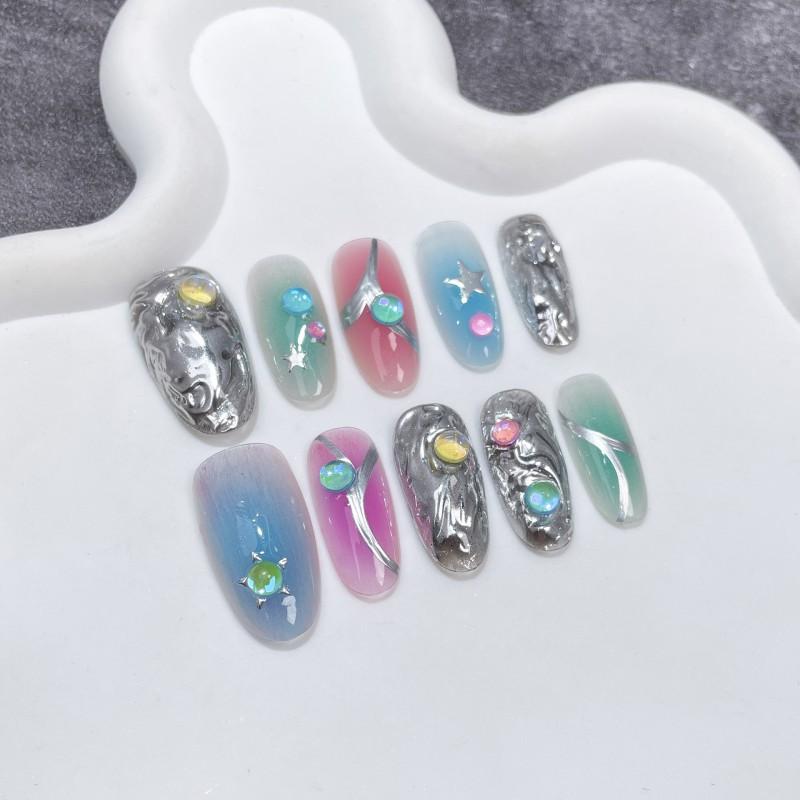 Handmade Press-On Nails Women Sweet Edgy Contrast Color 3D Embossed Oval Nail Tips In XS S M Sizes