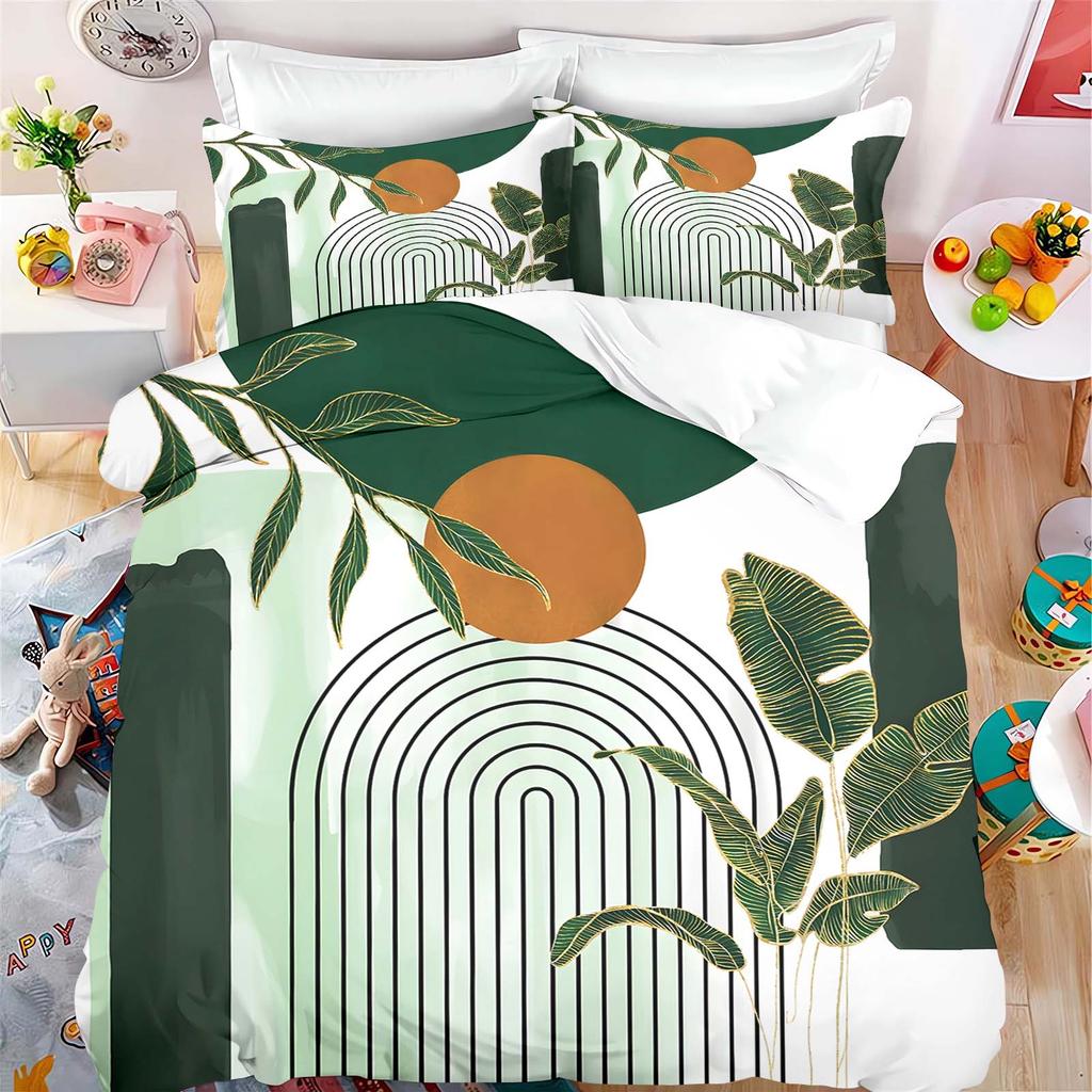 Green Plants Flamingos Anime Bedding Set Duvet Coverpolyester Suitable For Children And Adults 3-Piece Set