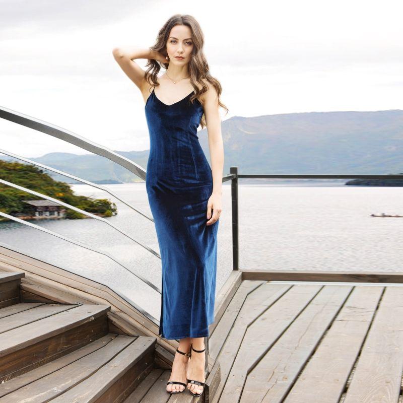 

Seven-Yarn Spring and Summer New Arrival Luxury Velvet Women s Sling Long Dress Pajamas Nightdress Home Wear Evening Dress Sling Dress Navy blue 155 (s)