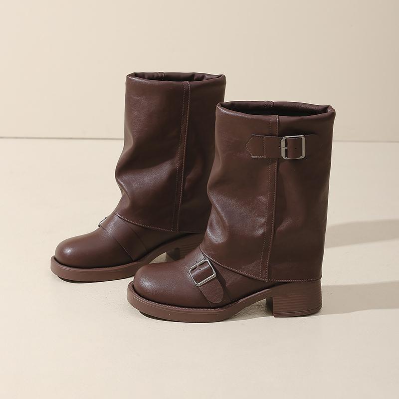 Vintage Women Ankle Boots Fashion Belt Buckle Slip On Shoes Female Thick Heel Short Booties Zapatos De Mujer