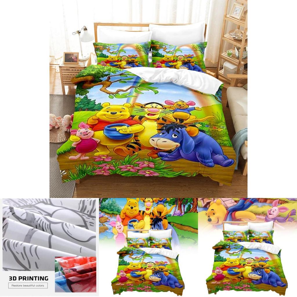 Winnie The Pooh Pattern Threepiece Bedding Set With Active Dyeing Technology For Bedroom Use