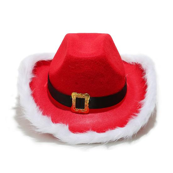 Cowboy Hat Christmas Themed White Furry Trim Soft Felt Material Jazz Top Hat Adjustable Red Tie Party Hat