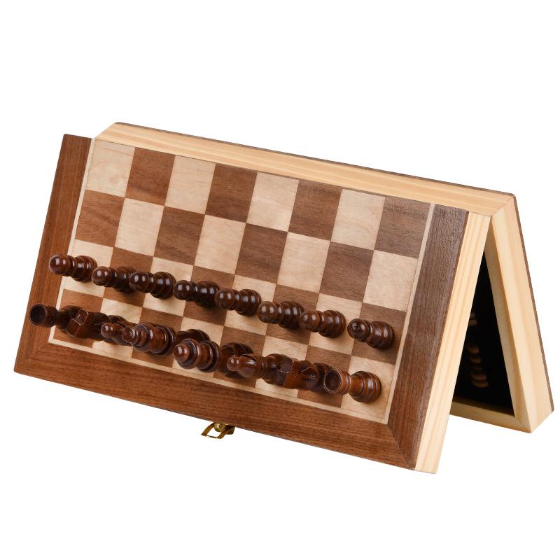 Qi Shou Schackset i massivt trä, hopfällbart och magnetiskt, med bräde i PU-läder