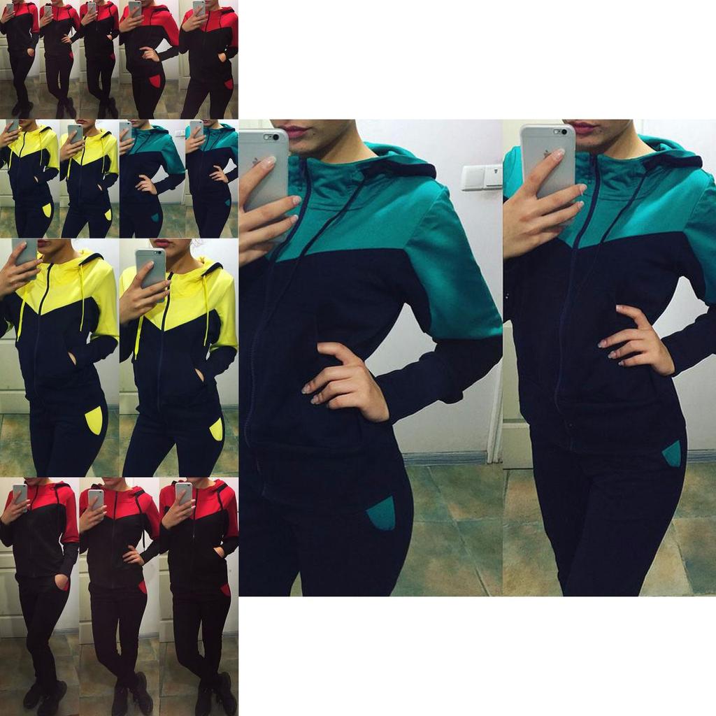 Tuta sportiva da donna gialla brillante e rossa in poliestere con felpa con cappuccio e pantaloni, set casual per lo sport