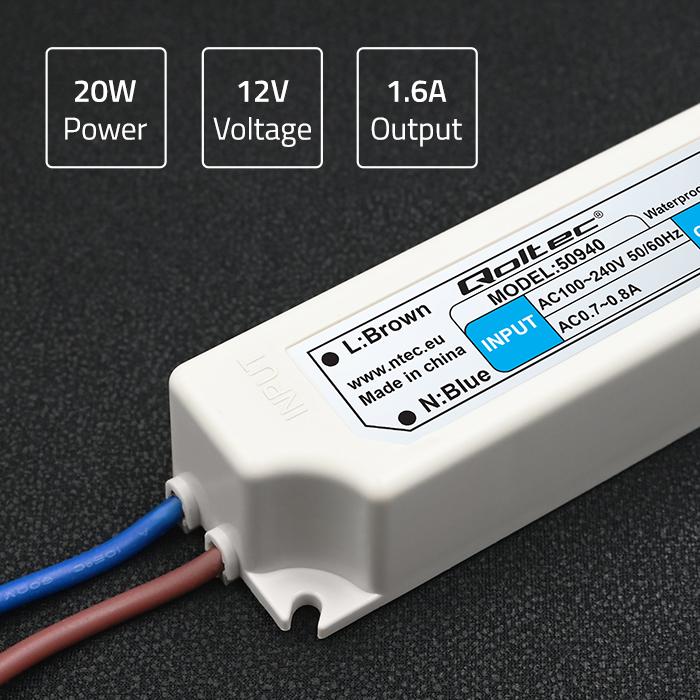 Qoltec LED Impulse Power Supply IP67 | 20W | 12V | 1.6A | Waterproof | White
