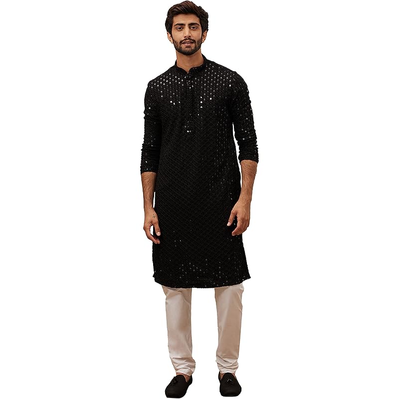 Manyavar Kurta Set for Men, Full Sleeves Mandarin Collar Ethnic Kurta & Payjama Set Art Silk Viscose Set (Black, L)