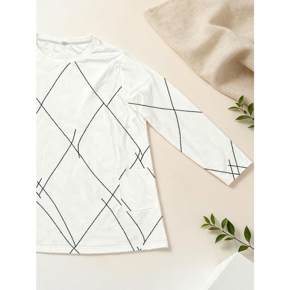 Women's Large Size Loose Rhombus Print Long Sleeve T-Shirt with Pockets