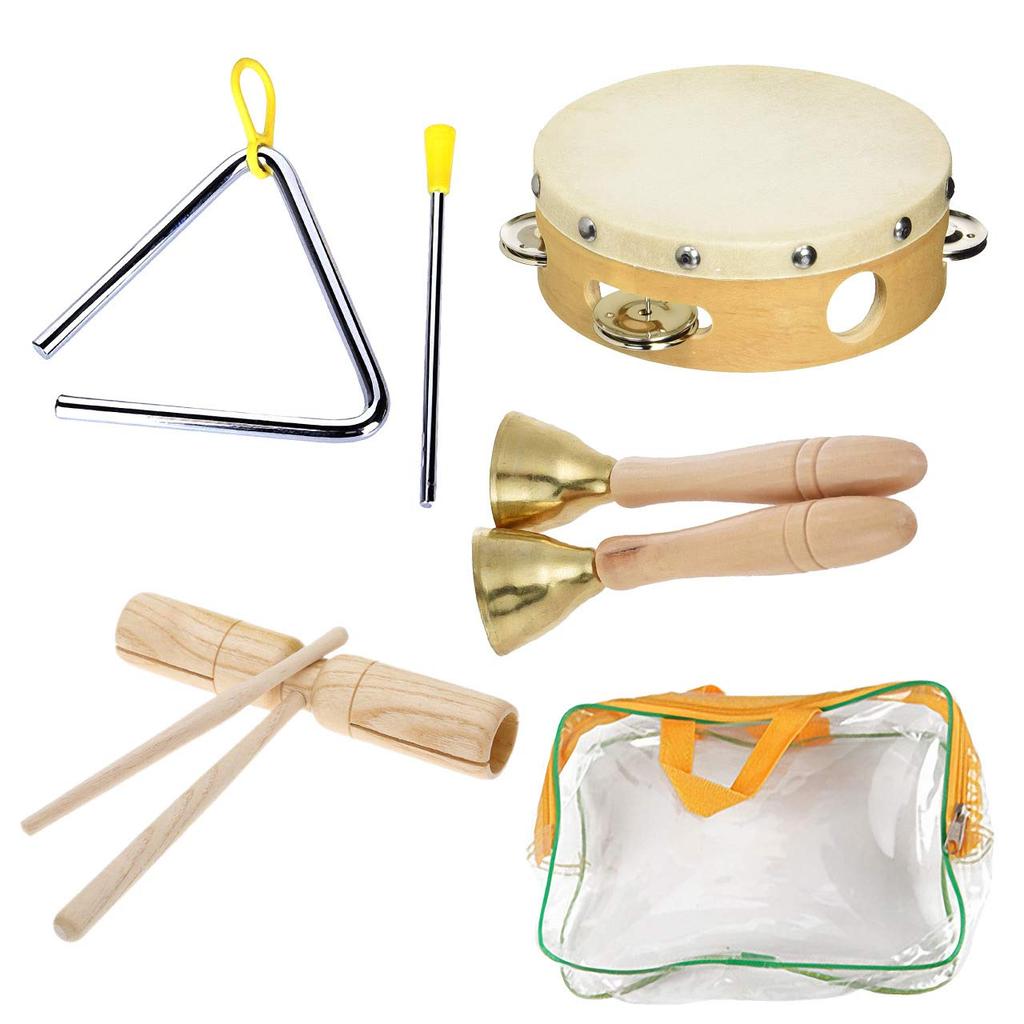 Felimore Wooden Percussion Instrument Set for Kids, Tambourine and Triangle