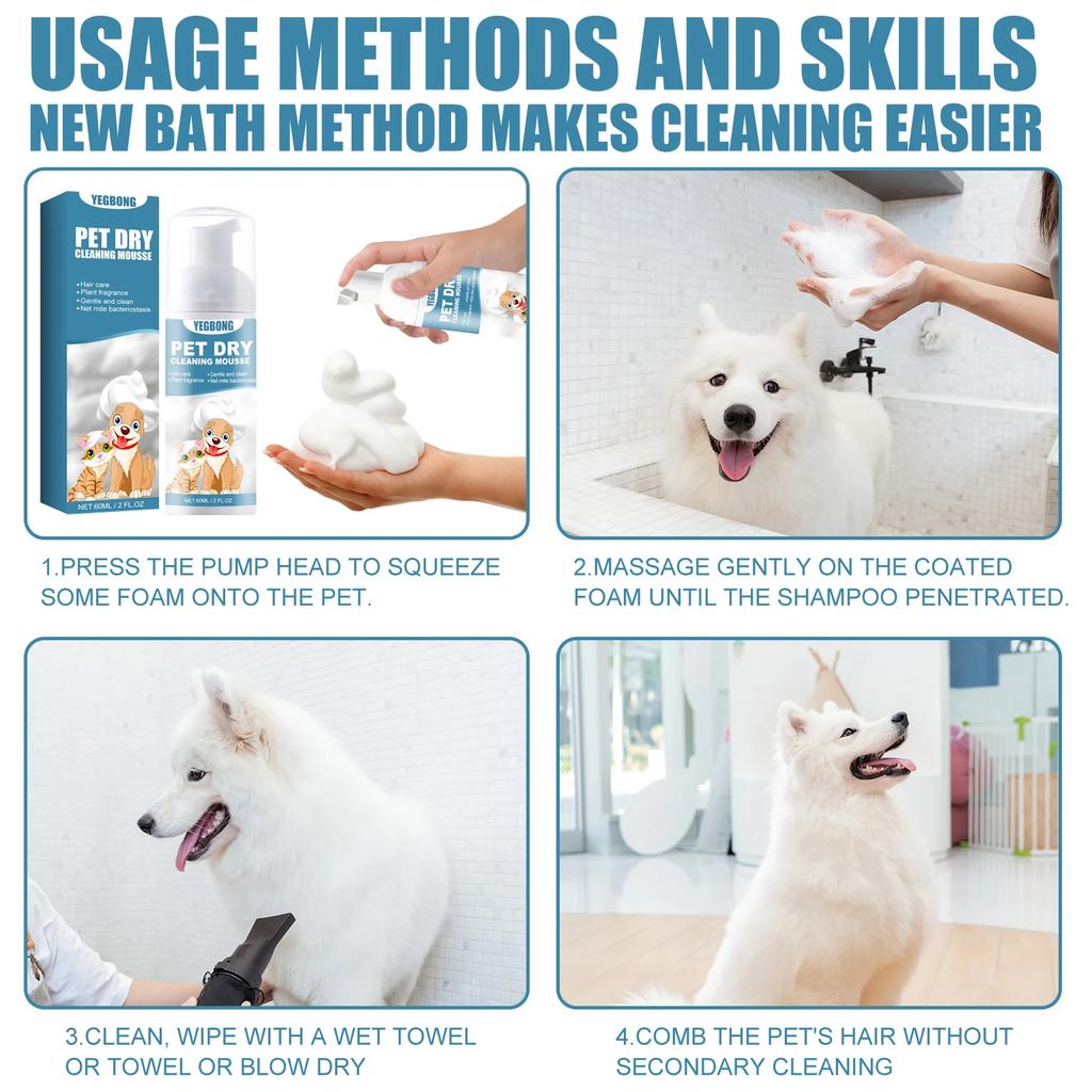 Yegbong Pet Dry Shampoo No Rinse Waterless Wash for Cats Dogs Odor Removal Hair Care Deshedding Dense Comb Gloves Cleaning Kit