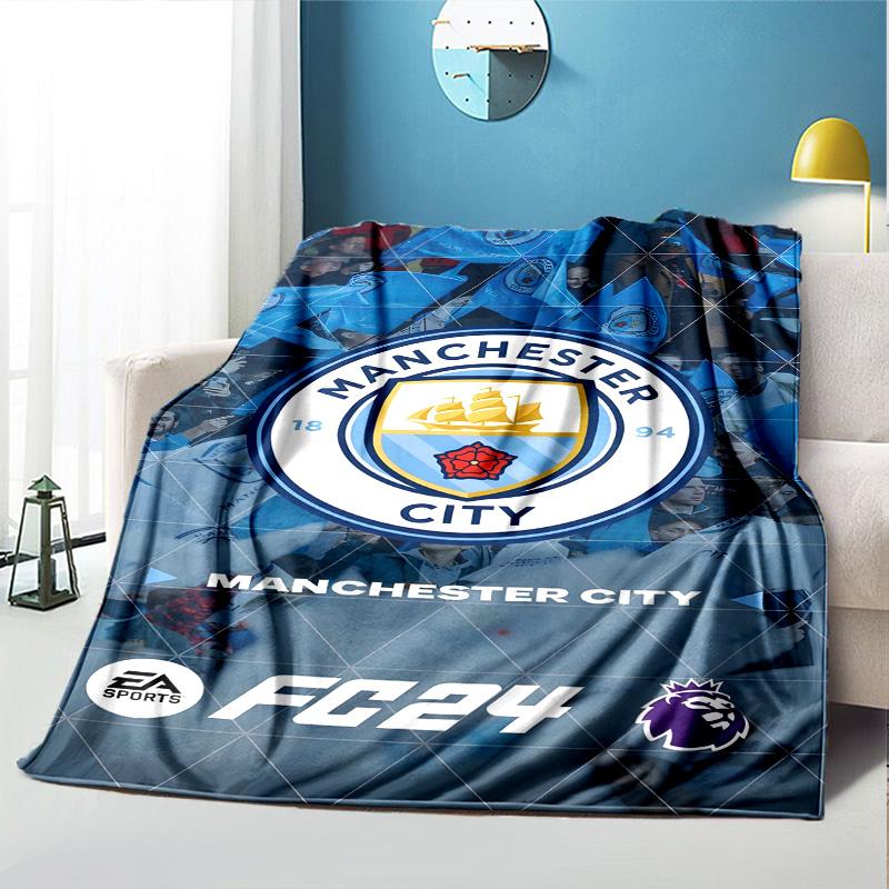 Manchester City FC Pattern Blanket for Home Decoration, Bed, Sofa, Car Travel, Camping, Suitable for All Seasons, Birthday Christmas Gift