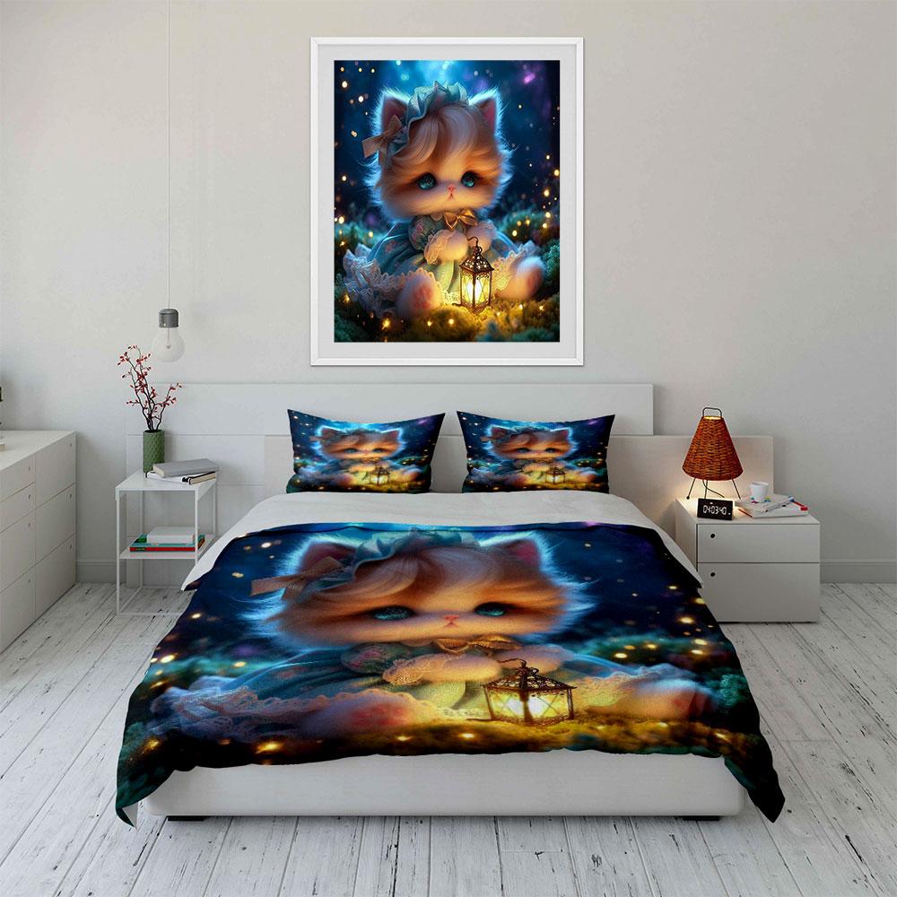 Adorable Cat With Lantern Magical Forest Duvet Cover Set With 3D Printing Design Soft Polyester Bedding Set All-Season Comfort