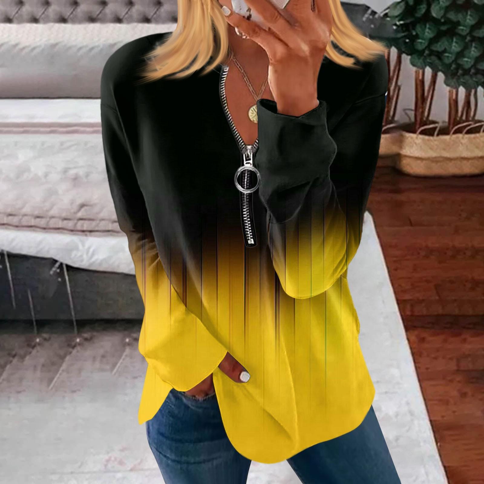 

Long Sleeve Zipper Shirts For Women Print Graphic Tees Blouses Casual Plus Size Basic Tops Pullover L жовтий