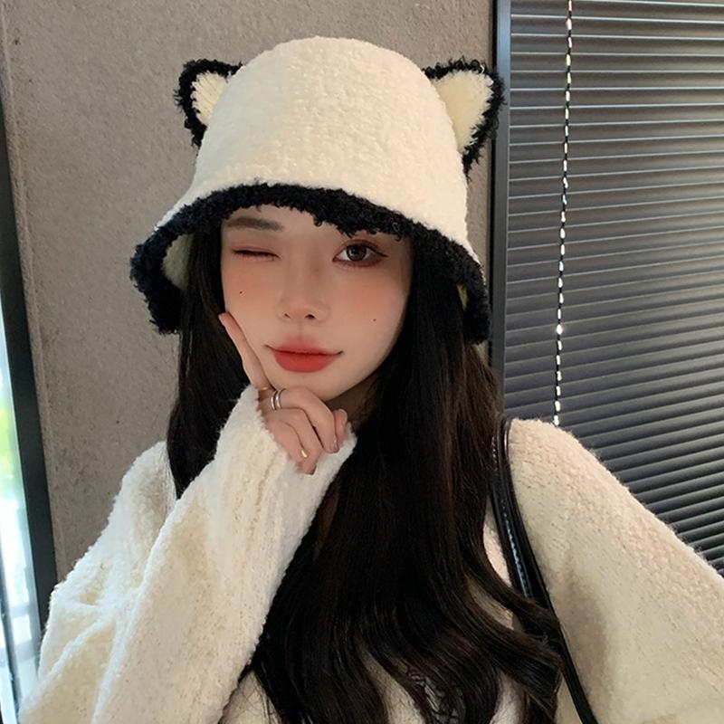 1Pieces Bucket Hat Cute Cat Ear Wool Autumn And Winter Warm Chic Knitted Hat For Women Mountaineering Scarf