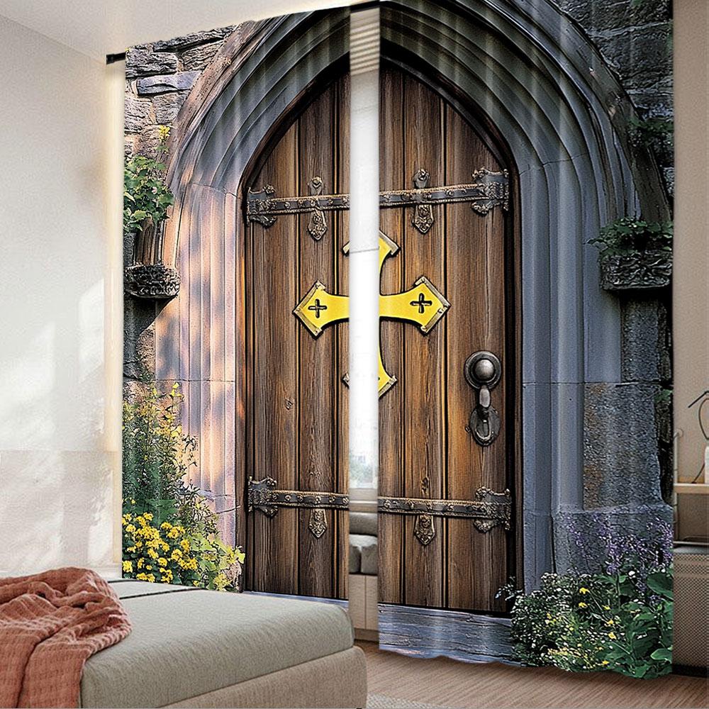 

Rustic Curtains Unique Castle Traditional Middle Age Heritage Doorway Aged Entrance Living Room Bedroom Window Drapes Set Of 2 Made Polyester Area W100*H70(CM)-Rod Pocket&2PCS