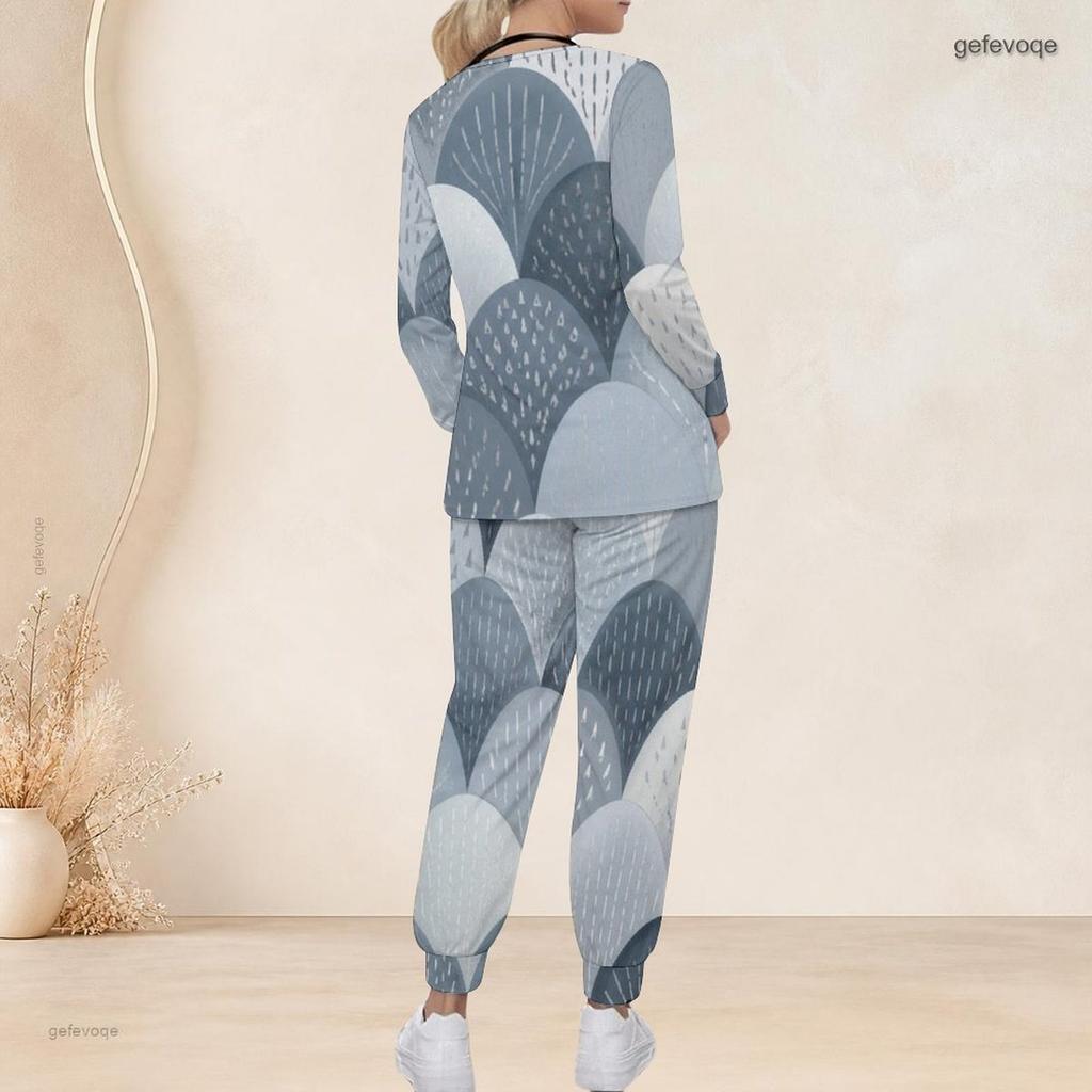 Women Plus Size Printed Nurse Scrub Set V Neck Long Sleeve Top With Pockets And Long Pants