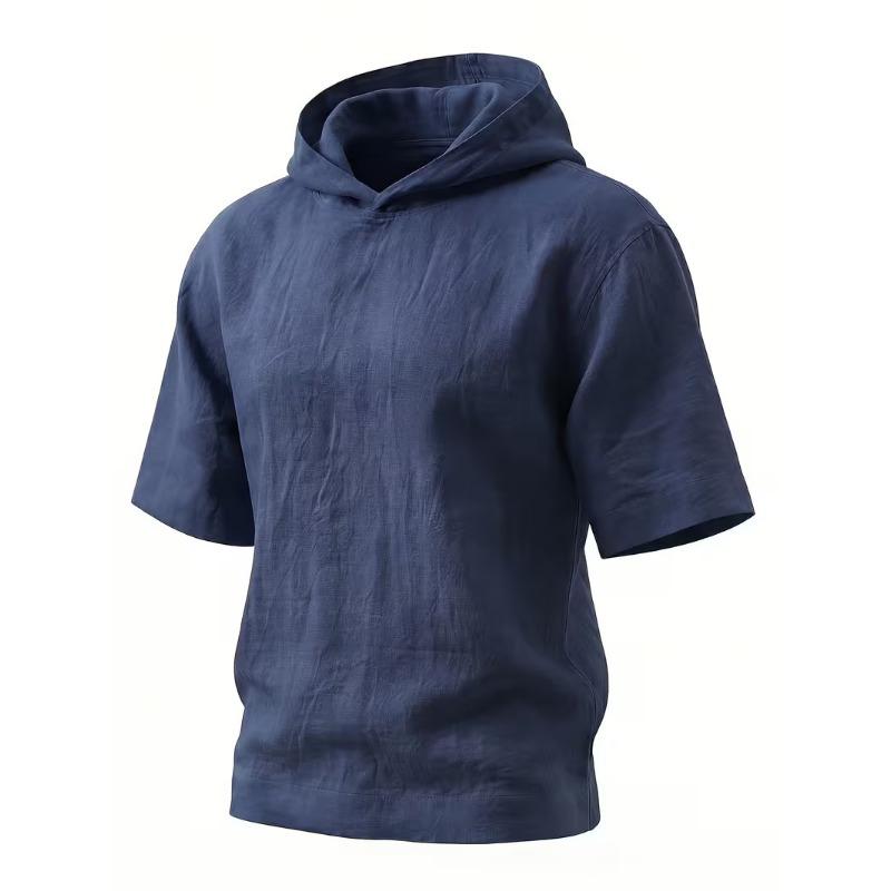 Mens Linen Hooded Short Sleeve T Shirt Loose Fit For Beach Vacation