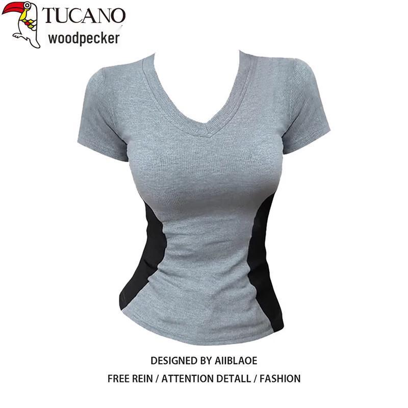 Woodpecker Women s V-Neck Color Block Slim Fit Short Sleeve T-Shirt 2XL