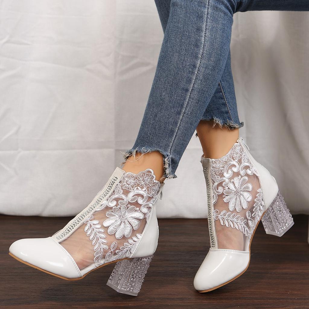 Floral Print Lace Ankle Boots - Women's Square High Heel Shoes, Round Toe, Back Zipper