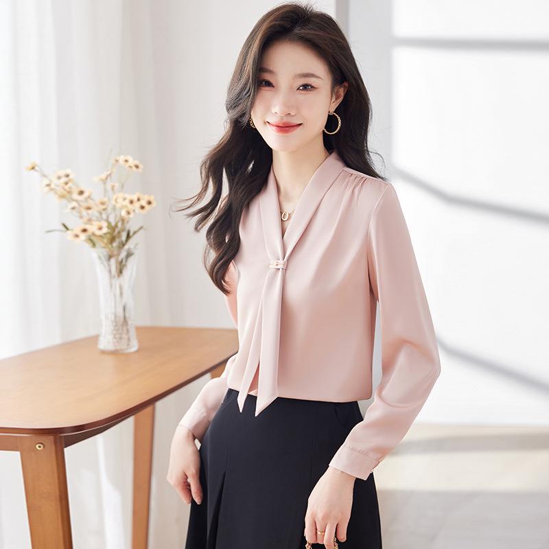 2024 Frühling Damen Stehkragen Bindeband Satin Fließende Bluse - Lockere Passform, Professionelles OL-Design