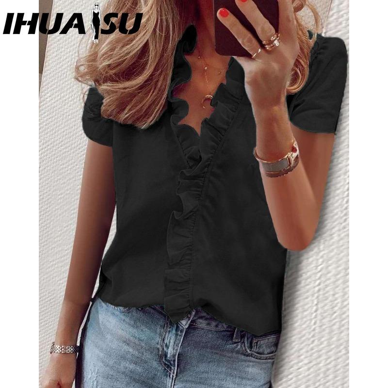IHUASU Women's Fashion Casual Solid Color Print Short Sleeve V Neck Blouses & Shirts
