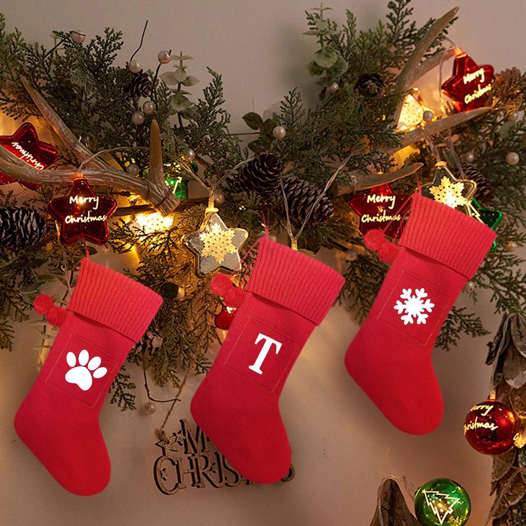 Christmas 26 Large Letter Socks Pendant Decoration Knitted Embroidered Gift Bag (Red) Cute Red Christmas Tree Hanging Sock Decor
