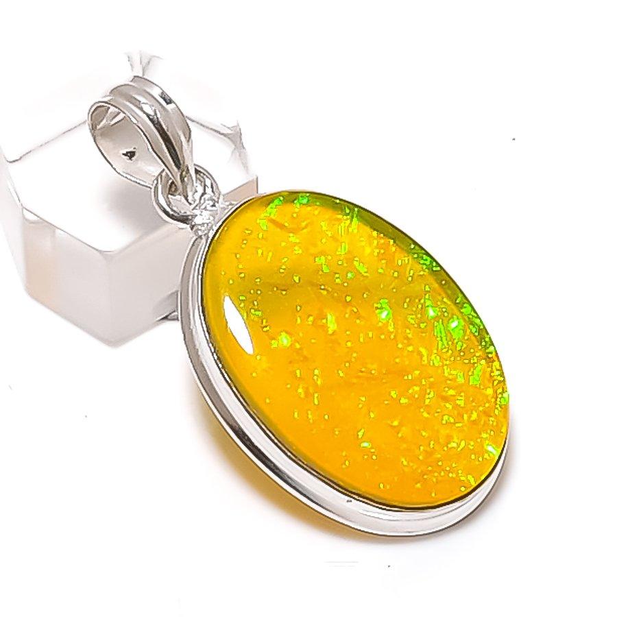 Yellow Triplet Opal Gemstone Handmade 925 Sterling Silver Pendant 1.81" j8W55