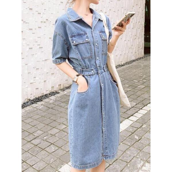 Elegant Denim Dress Women Summer Slim Waist French Style Tea Dress A Line Midi Petite Friendly