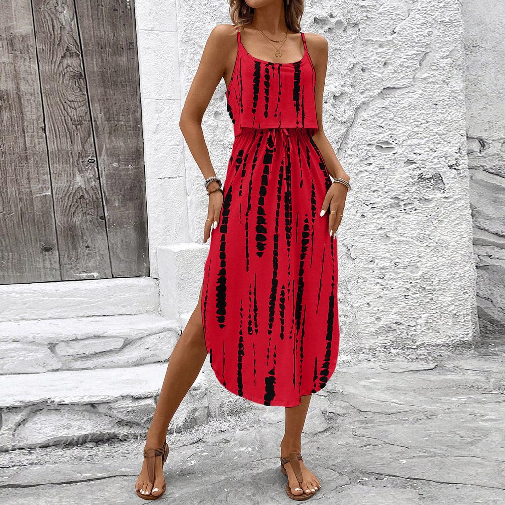 Women's Fashionable Retro Printed Camisole Waist Cinching Casual Dress
