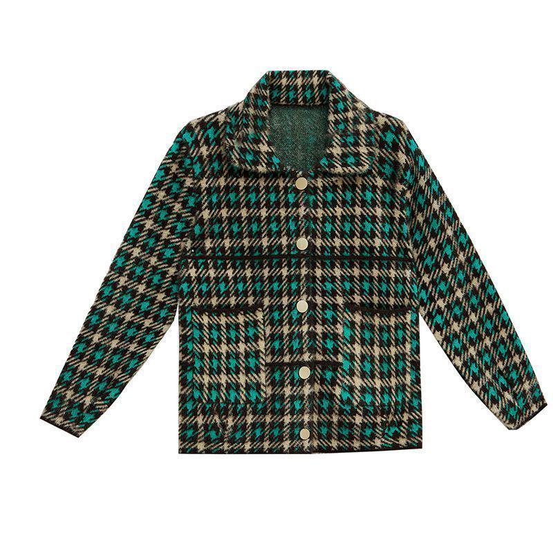 Women's Korean-Style Plaid Wool Jacket - Loose Short Fit, Trendy Autumn/Winter 2025 Collection
