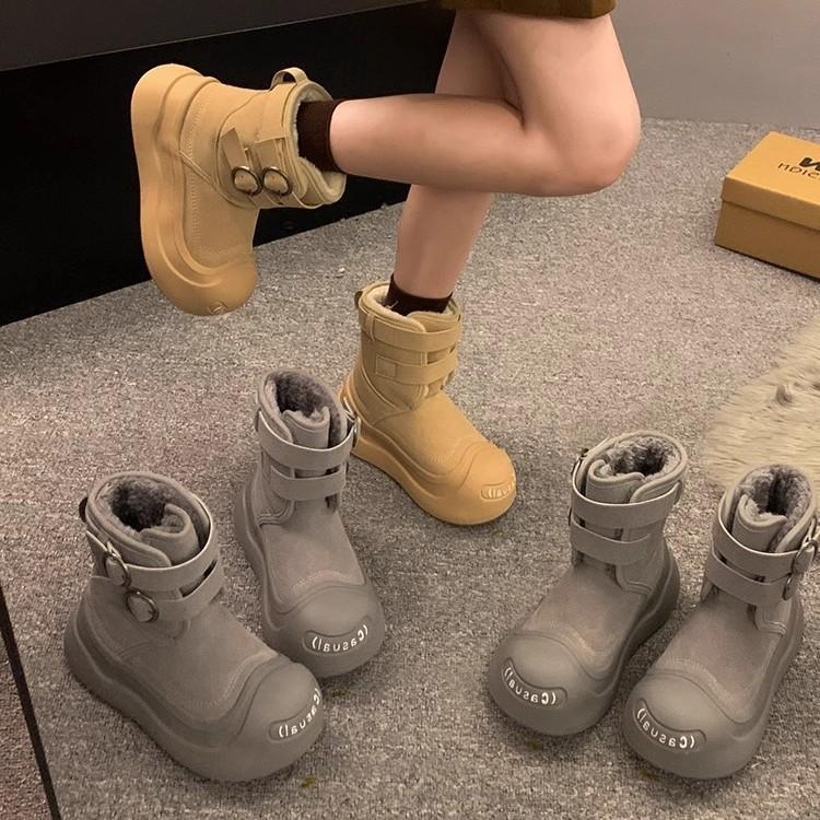 Leather platform snow boots women's new 2025 winter big-headed cotton boots piled and thickened warm snow cotton shoes
