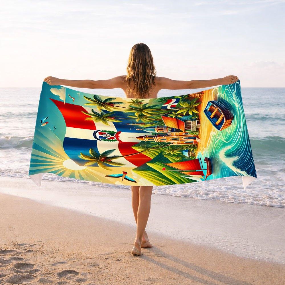 Dominican Republic Beach Towel - National Flag Palm Tree Ocean Art, Caribbean Vibe, Soft Microfiber, Multiple Sizes