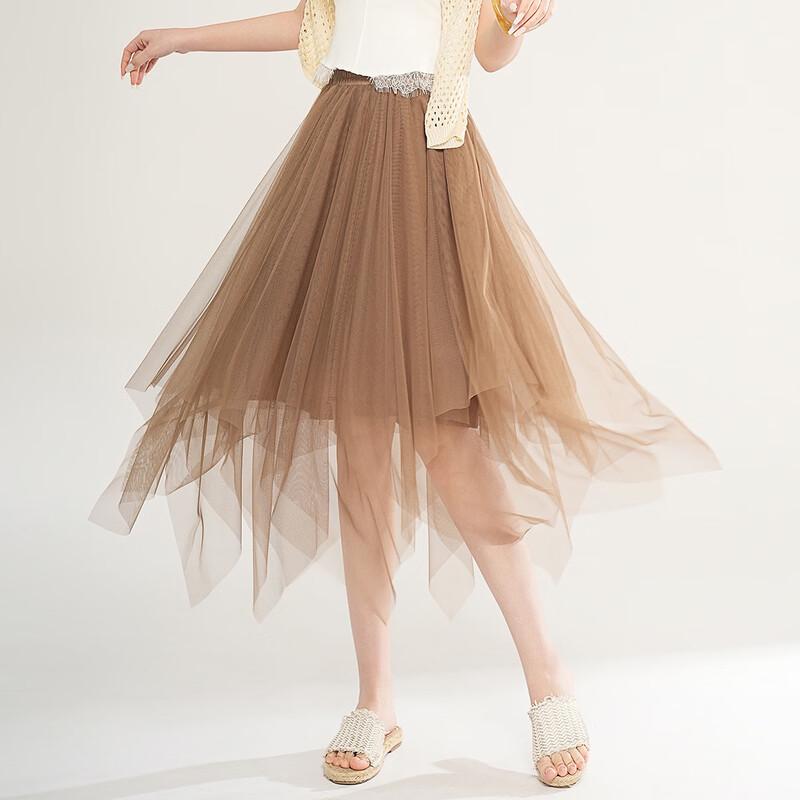 Bailuyu Women s High-Waist Irregular Mesh Pleated Long Skirt S