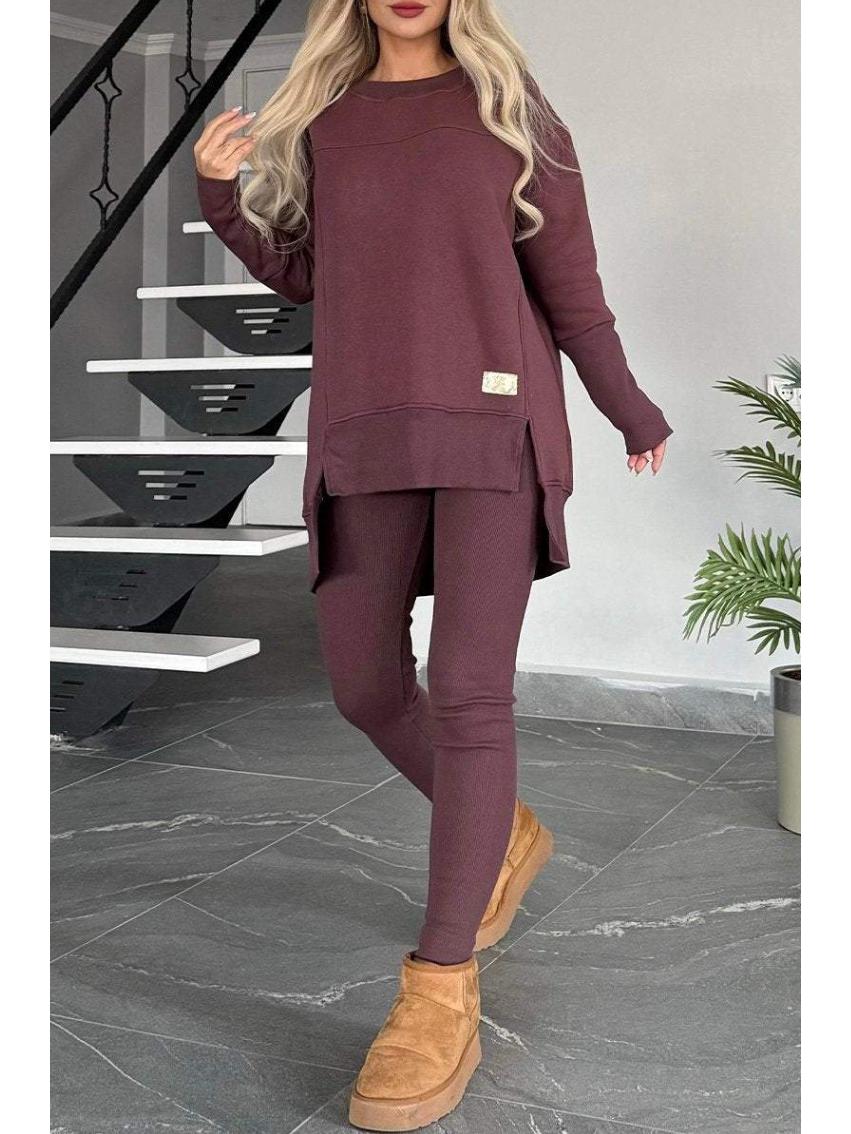 

2024 Cross-Border Autumn/Winter Women s Solid Color Long Sleeve Crew Neck Top Set 3XL