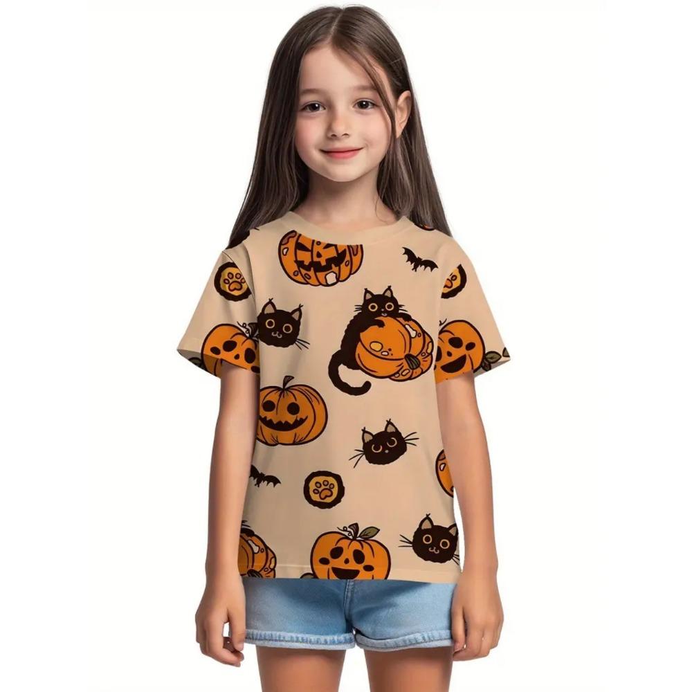 Kids' T-Shirt Girl Halloween Cute Cartoon Prints Pumpkin Round Neck Short Sleeve Tops Fashion Girls Holiday Children's Clothing