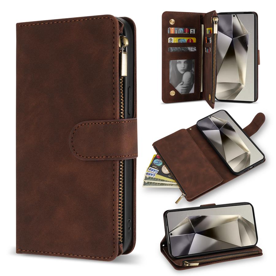

Wallet Multi-card Zipper Kickstand Magnetic Flip Leather Case For Samsung Galaxy S24 Ultra S23 FE S22 Plus A14 A15 A53 A54 A55 Galaxy A55 5G кавовий