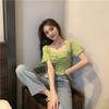 Summer Dress New Square Neck Collarbone Pleated Short Sleeve T-Shirt Women's Knitted Cropped Base Shirt Top