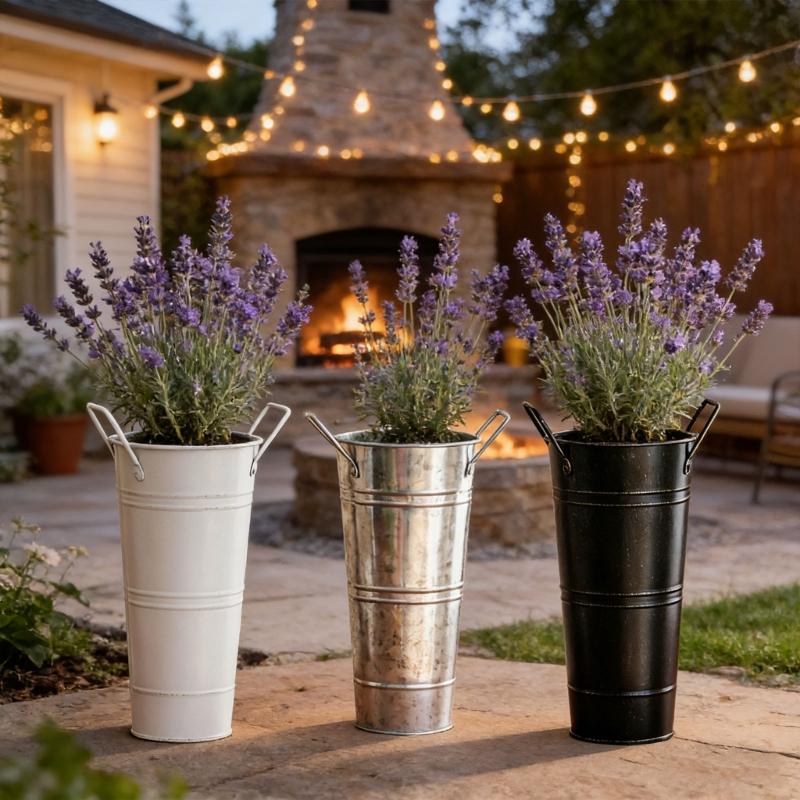 Farmhouse French Flowers Bucket with Handle Metal Flower Holder for Home Table Centerpieces Galvanized Metal Vases