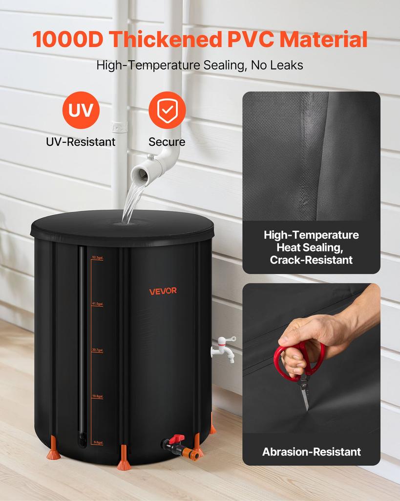 VEVOR Collapsible Rain Barrel, 201 L Portable Rain Water Collection Barrel, 1000D PVC Rainwater Collection System