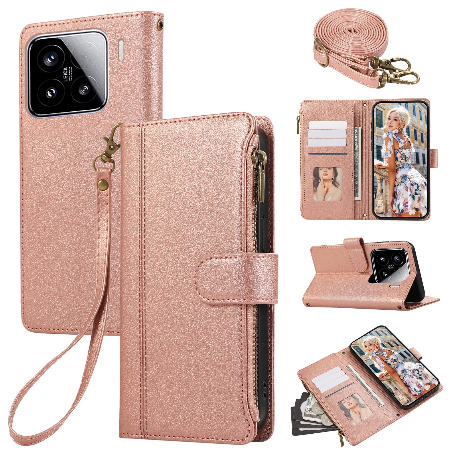 

Для Xiaomi 15 Чехол с несколькими слотами для карт, на молнии, кожаный чехол для телефона с плечевым ремнем/ремешком на запястье Rose Gold