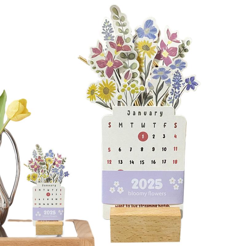 Calendar 2025 Bloomy Flower Desk Calendar Creative Wooden Card Calendar Creative Desktop Calendar Illustrator Decorate Supplies